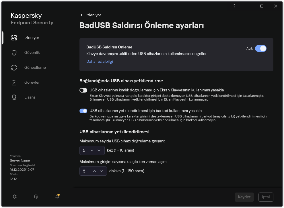 BadUSB Saldırısı Önleme ayarları penceresi.
