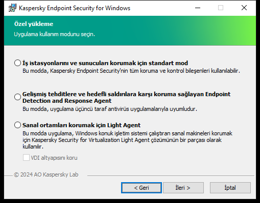 Uygulamanın yapılandırmasını içeren yükleyici penceresi: tam işlevsellik veya Endpoint Detection and Response Agent.