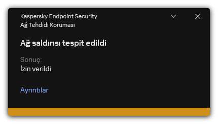 Tespit edilen bir ağ saldırısı hakkında bilgi içeren açılır pencere.