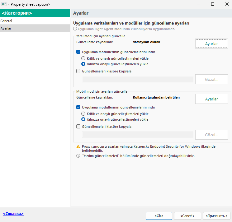 Görev ayarlarını güncelle penceresi. Kullanıcı güncellemeyi yerel ve mobil modlarda yapılandırabilir.