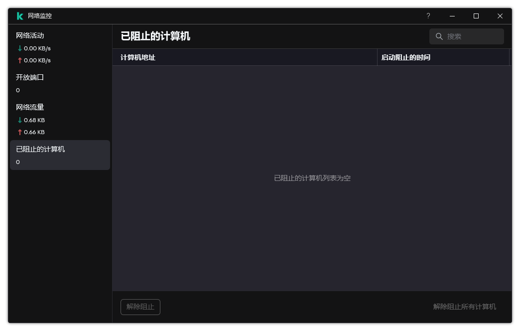 带有被阻止计算机列表的网络监控器窗口。用户可以解除计算机的锁定。