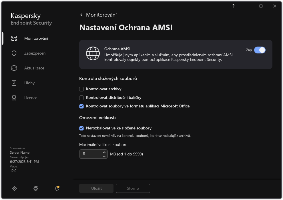 Okno nastavení součásti Ochrana AMSI.