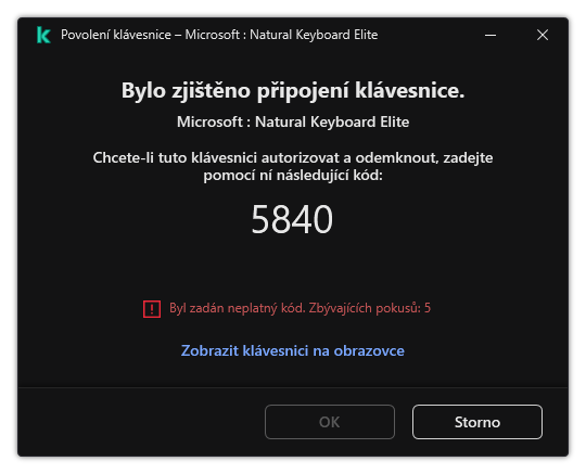 Okno s kódem pro autorizaci klávesnice. Uživatel může aktivovat klávesnici na obrazovce a zadat kód.