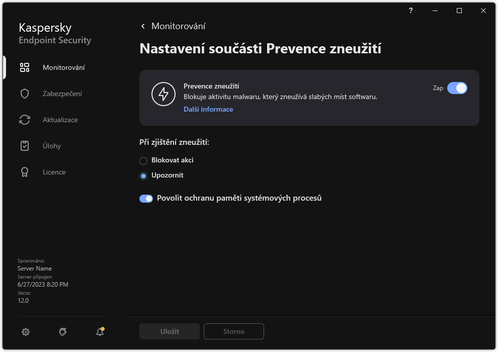 Okno nastavení součásti Prevence zneužití