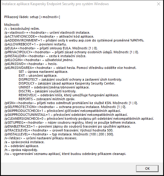 Okno s popisem popisující možnosti příkazu pro instalaci aplikace přes CMD.