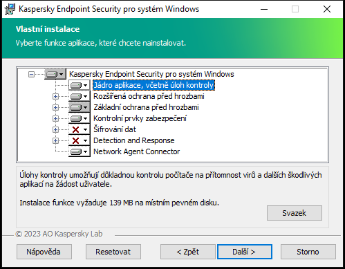 Okno instalačního programu se seznamem součástí, které si uživatel může vybrat.