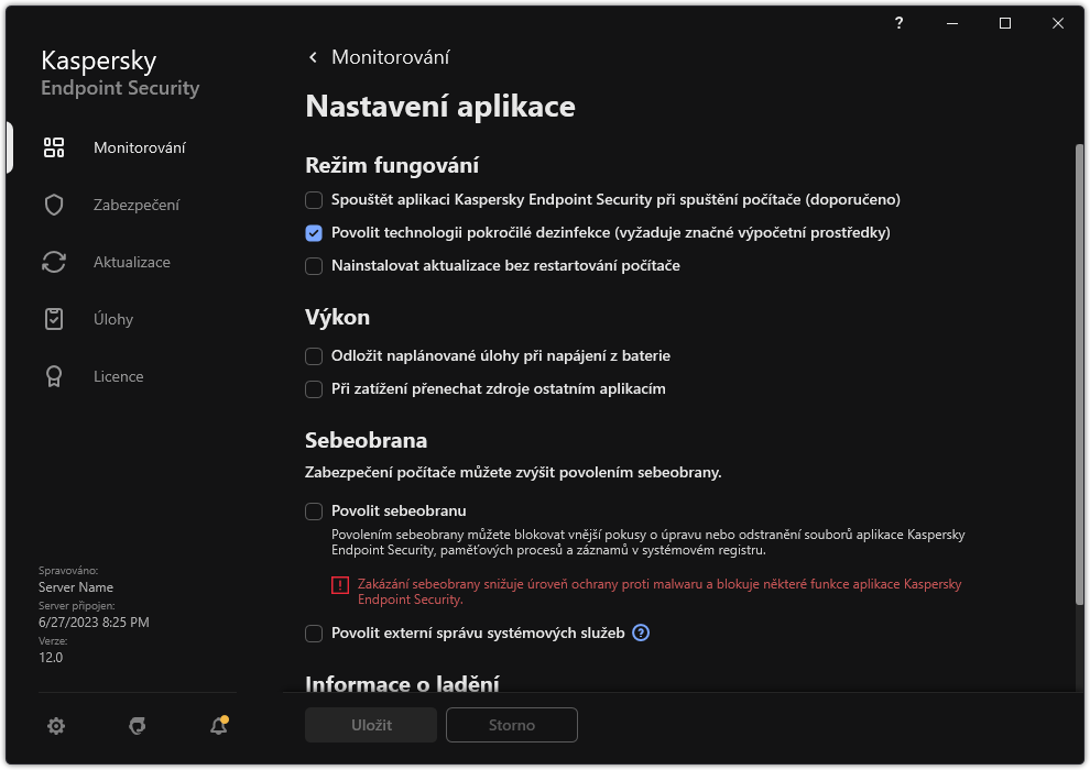 Okno Nastavení aplikace. Uživatel může konfigurovat výkon, sebeobranu a další nastavení.
