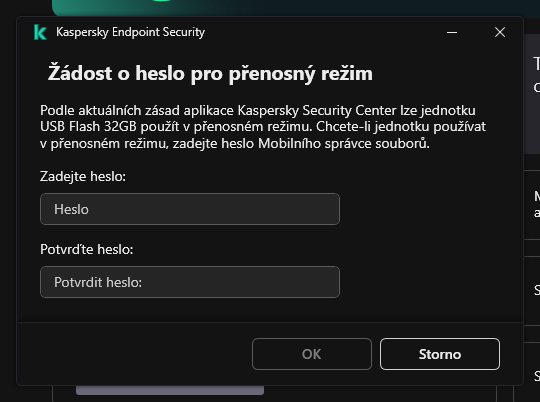 Okno obsahuje pole pro zadání a potvrzení hesla.