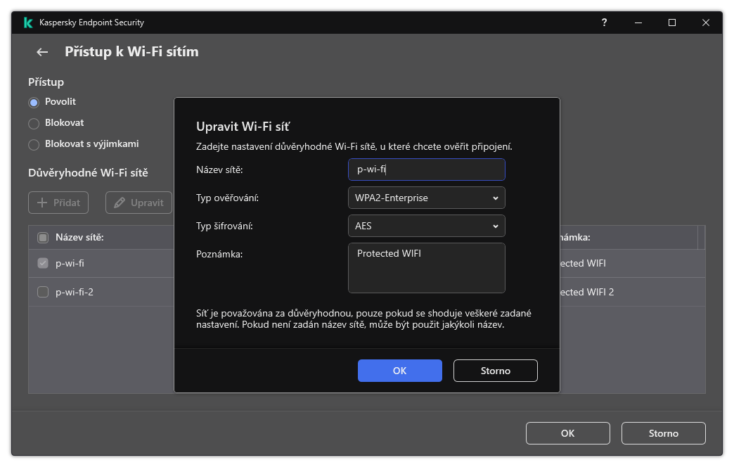 Okno obsahuje nastavení důvěryhodné Wi-Fi sítě.