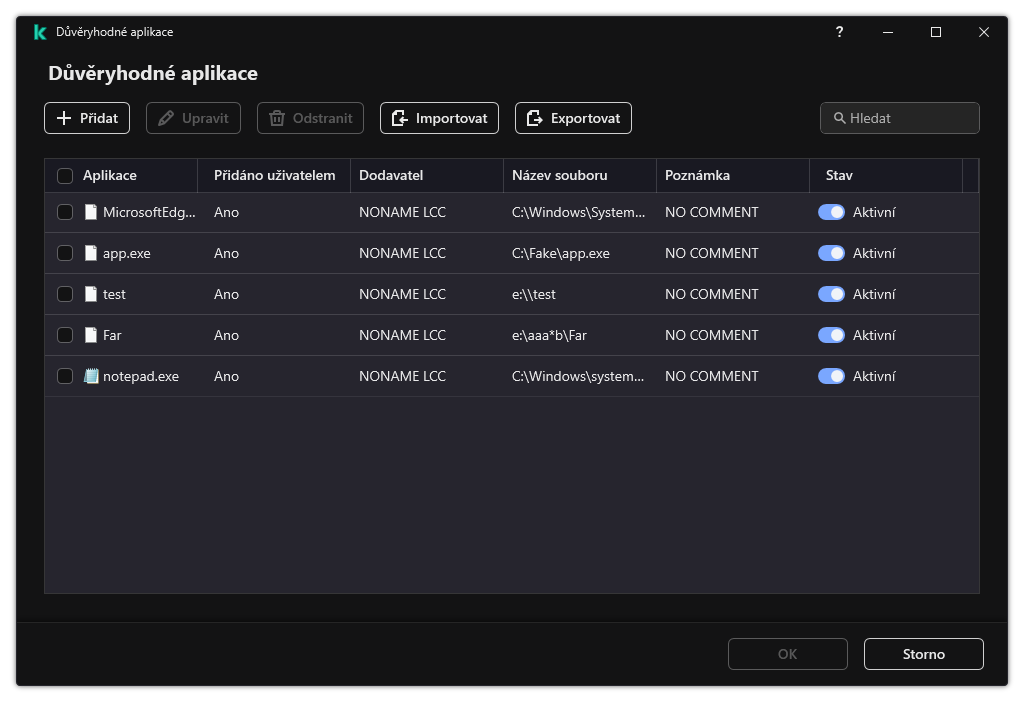 Okno se seznamem důvěryhodných aplikací. Uživatel může přidat, upravit nebo odebrat důvěryhodnou aplikaci.