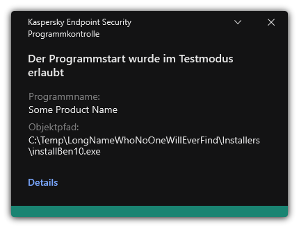 Benachrichtigung: Der App-Start im Testmodus wurde erlaubt. Der Benutzer kann detaillierte Informationen über die Regel anzeigen.