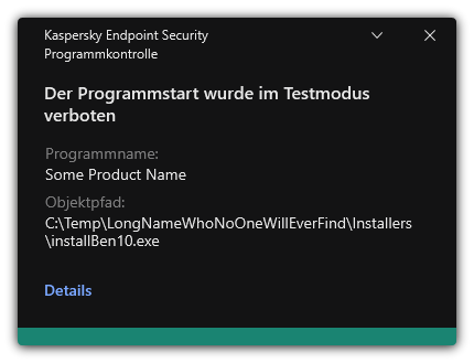 Benachrichtigung: Der App-Start im Testmodus wurde verboten. Der Benutzer kann detaillierte Informationen über die Regel anzeigen.