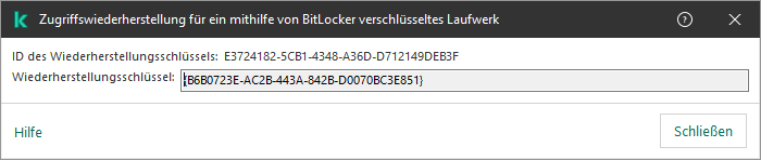 Ein Fenster mit dem Schlüssel zur Wiederherstellung des Zugriffs auf das verschlüsselte Nicht-Systemlaufwerk.