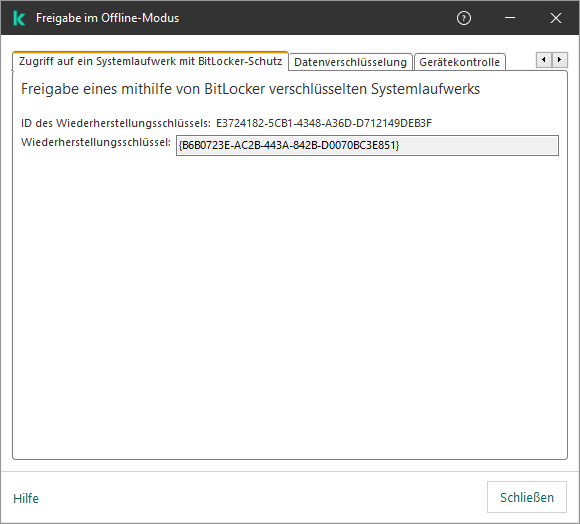 Ein Fenster mit dem Schlüssel zur Wiederherstellung des Zugriffs auf das verschlüsselte Systemlaufwerk.