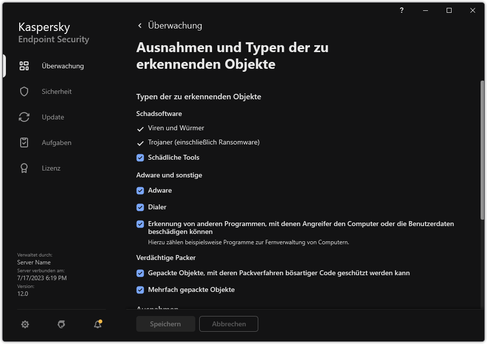 Fenster mit Einstellungen für Ausnahmen. Der Benutzer kann die Typen der zu erkennenden Objekte auswählen und Objekte zu den Ausnahmen hinzufügen.