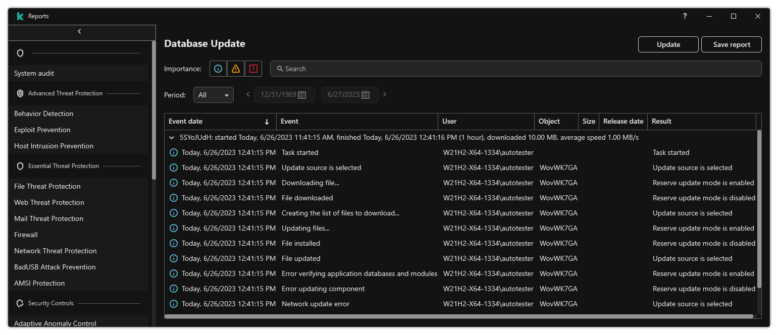 A window with the list of events in the report. The user can filter/sort events and save reports to a file.