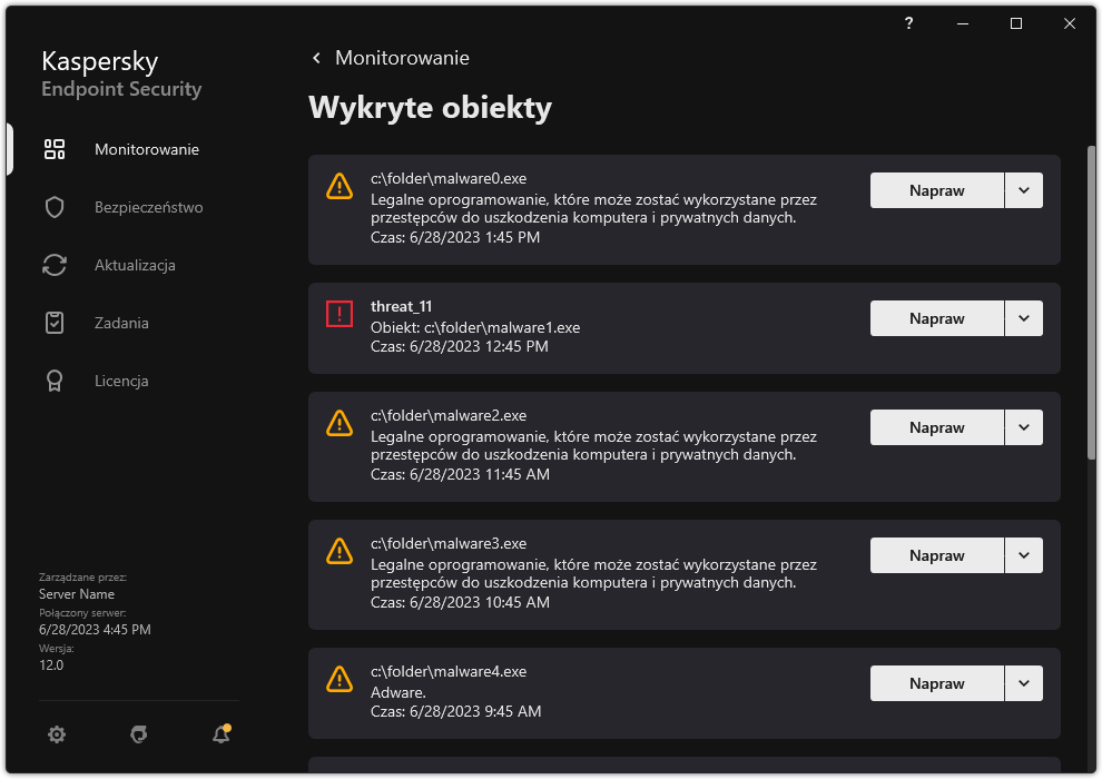 Okno z listą wykrytych obiektów. Wyświetlane są informacje o obiekcie. Użytkownik może rozwiązać lub usunąć obiekt.