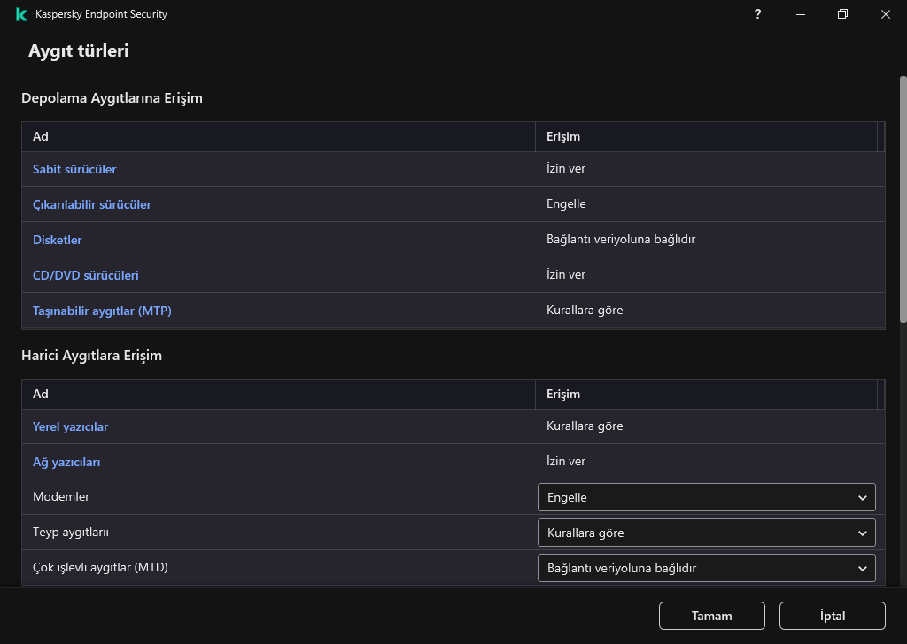 Aygıtlara erişimi yapılandırma penceresi. Kullanıcı, aygıtlarıa erişimi yapılandırabilir ve erişim planı gibi ek erişim parametrelerini ayarlayabilir.