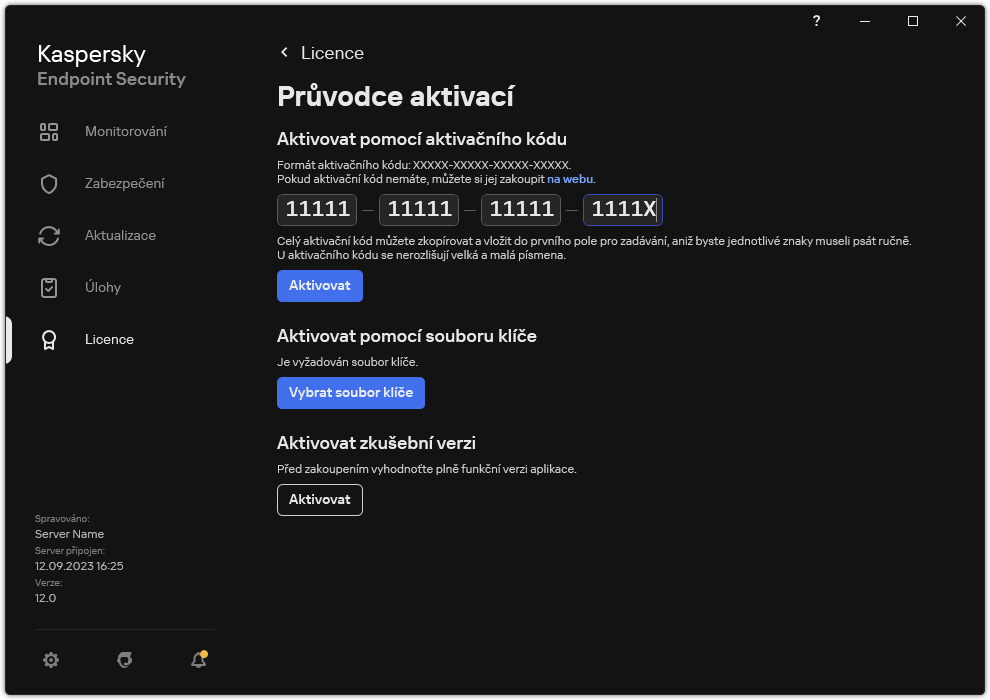 Okno s nástroji pro aktivaci aplikace. Uživatel může zadat aktivační kód nebo vybrat soubor klíče.