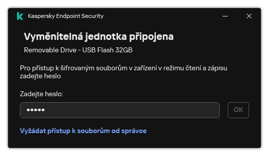 Okno obsahuje pole pro zadání hesla. Uživatel může vytvořit žádost o přístup k souboru.