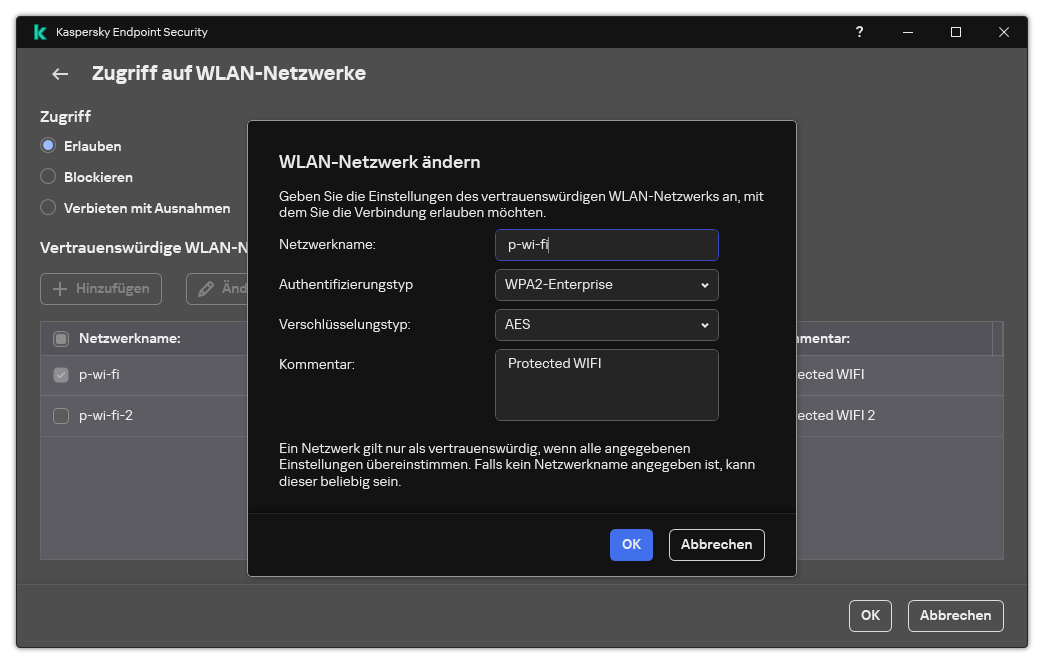 Das Fenster enthält die Einstellungen des vertrauenswürdigen WLAN-Netzwerks.