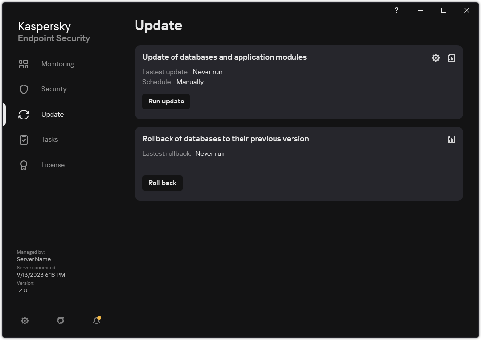 A window with the list of local update tasks. The user can start the update of databases and application modules, as well as roll back the last update.