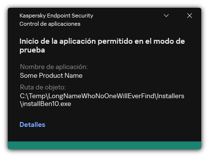 Notificación de que se permite el inicio de la aplicación en modo de prueba. El usuario puede ver información detallada sobre la regla.