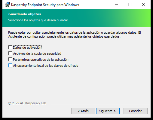 Ventana del instalador con una lista de objetos que se pueden guardar después de eliminar la aplicación.