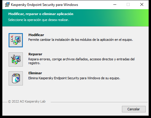 Ventana del instalador con una lista de operaciones disponibles: cambiar el conjunto de componentes, reparar la aplicación, eliminar la aplicación.