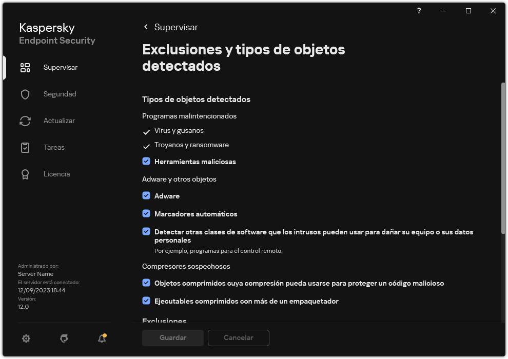 Ventana Configuración de exclusiones. El usuario puede seleccionar tipos de objetos detectados y agregar objetos a exclusiones.