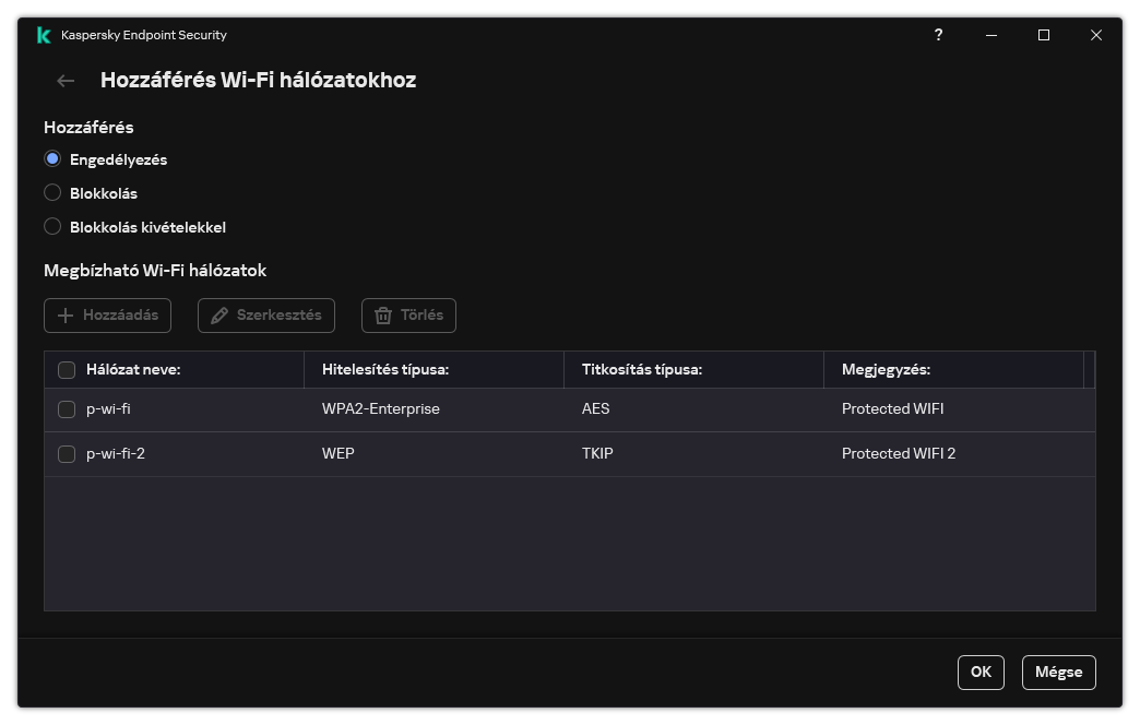 Ablak a Wi-Fi hálózatok listájával. A felhasználó konfigurálhatja az összes Wi-Fi hálózathoz való hozzáférést, és megbízható Wi-Fi hálózatokat vehet fel.