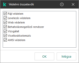 Egy ablak az alkalmazás összetevőinek listájával. A kizárás csak a kiválasztott összetevők működésére vonatkozik.