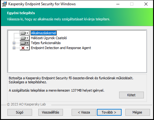Telepítőablak azon összetevők listájával, amelyeket a felhasználó kiválaszthat.