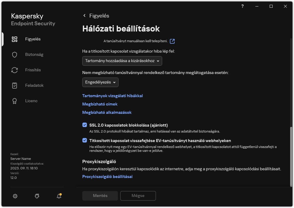 Alkalmazások hálózati beállításainak ablaka.