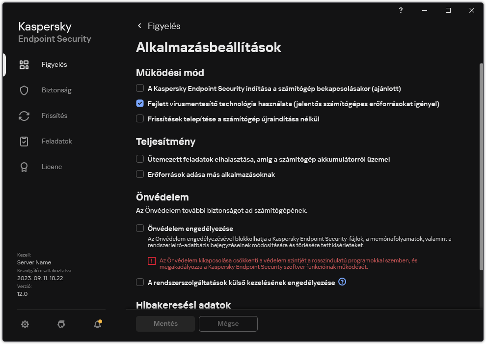 Alkalmazásbeállítások ablak. A felhasználó konfigurálhatja a teljesítményt, az önvédelmet és az egyéb beállításokat.