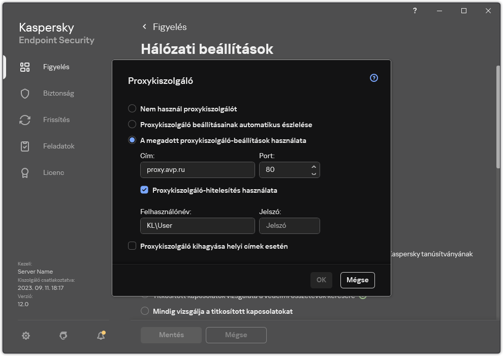 A proxykiszolgáló kapcsolat konfigurálására szolgáló ablak. A felhasználó beállíthatja a proxykiszolgáló címét és a proxykiszolgálói csatlakozáshoz szükséges hitelesítési adatokat.