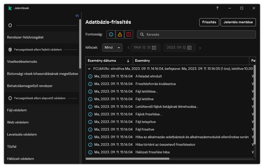 Egy ablak a jelentésben szereplő események listájával. A felhasználó szűrheti/rendezheti az eseményeket, és fájlba mentheti a jelentéseket.