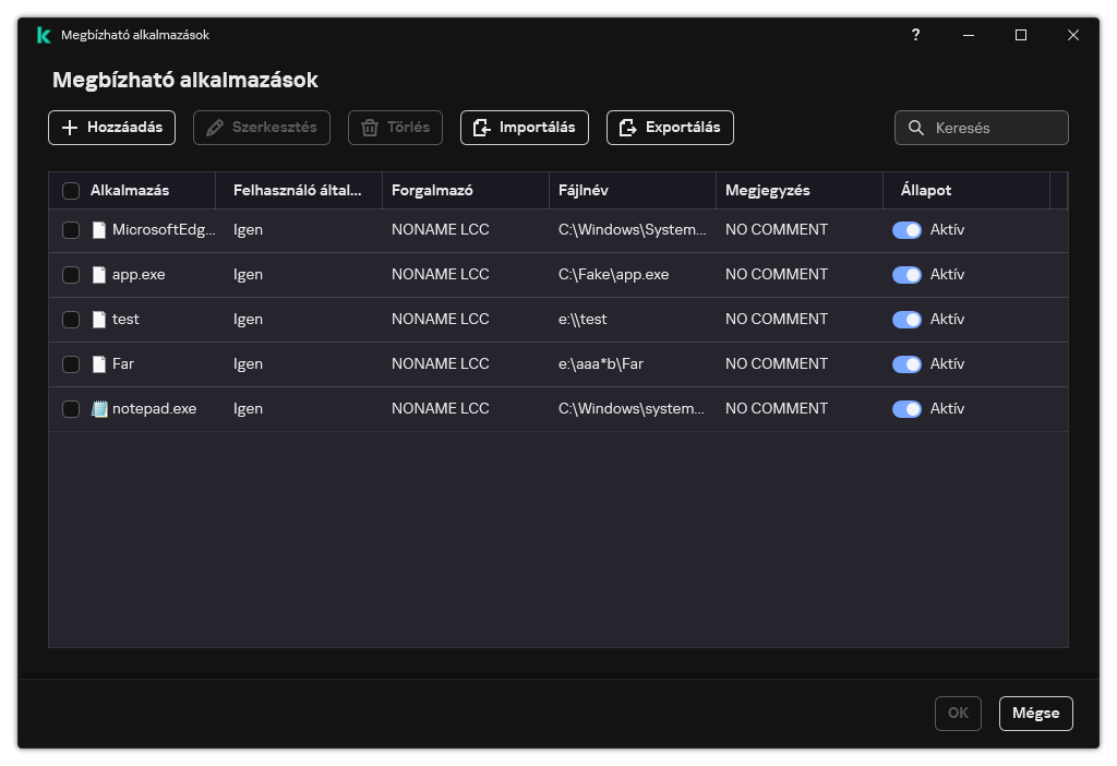 Egy ablak a megbízható alkalmazások listájával. A felhasználó hozzáadhat, szerkeszthet vagy eltávolíthat megbízható alkalmazásokat.