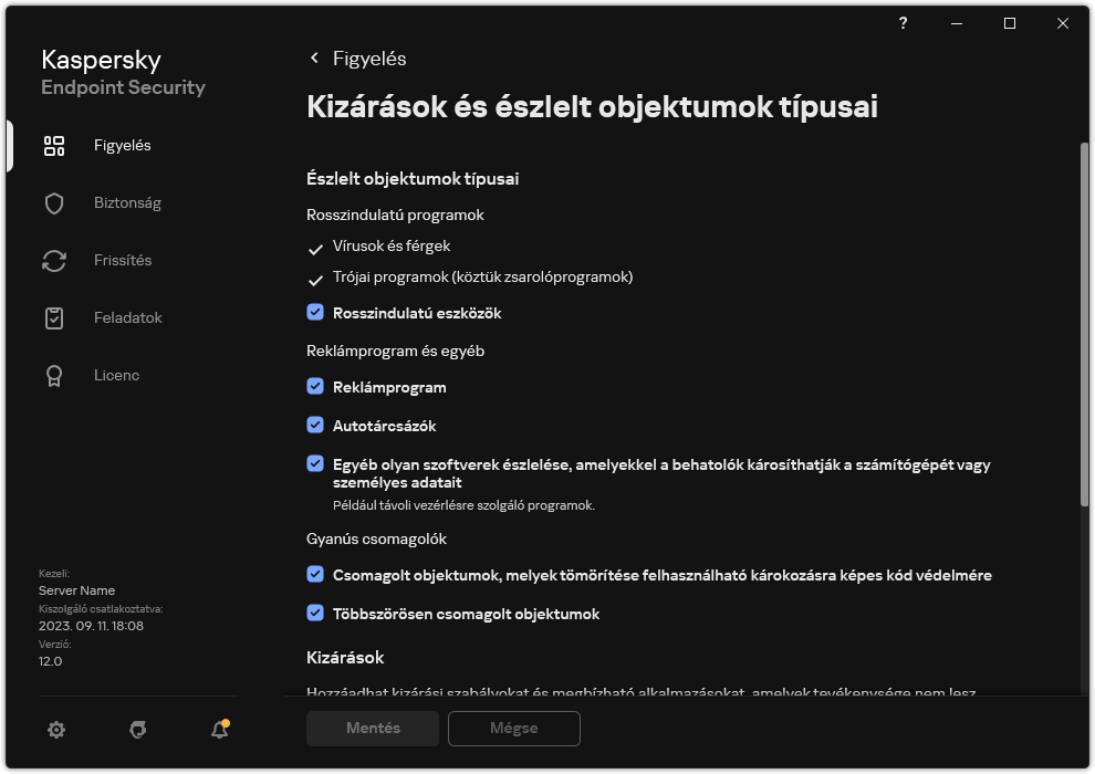 Kizárási beállítások ablak. A felhasználó kiválaszthatja az észlelt objektumok típusait, és objektumokat adhat hozzá a kizárásokhoz.