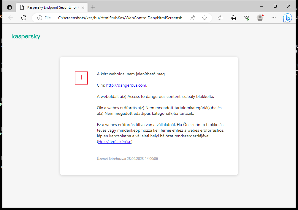 A Kaspersky értesítése a weboldalhoz való hozzáférés letiltásával kapcsolatban a böngészőablakban. A felhasználó kérést hozhat létre a webes erőforrás eléréséhez.