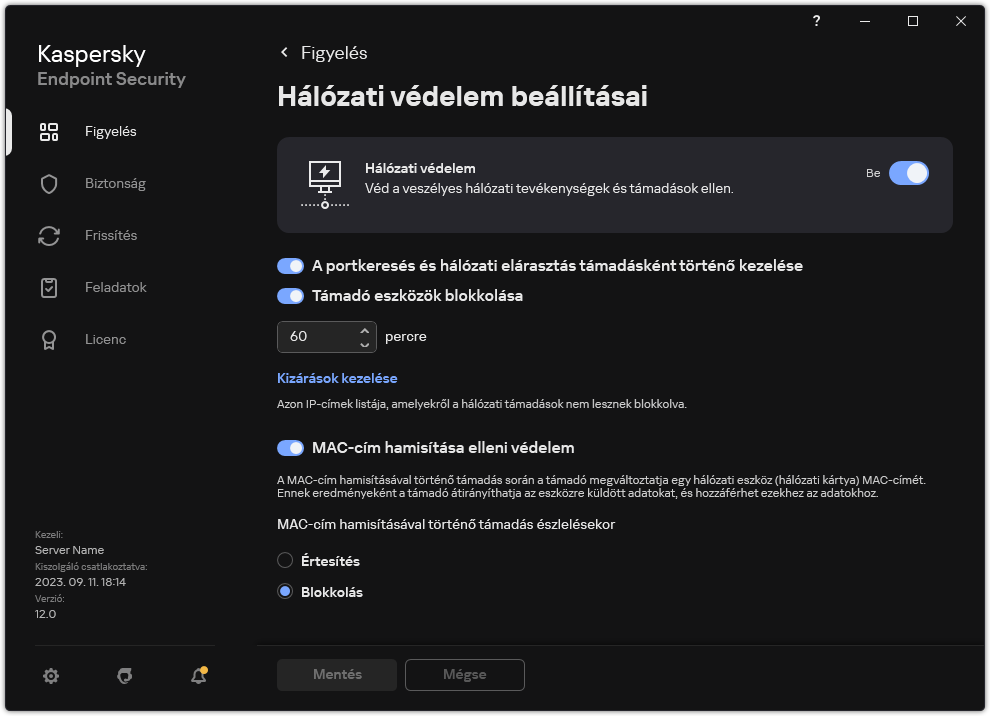 A Hálózati védelem beállításainak ablaka