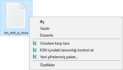 Kaspersky öğeleri içeren dosya bağlam menüsü: kötü amaçlı yazılım taraması, KSN'de tanınırlık denetleme, şifreli bir arşiv oluşturma.