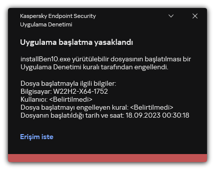 Engellenen uygulama başlatma hakkında bildirim. Kullanıcı, uygulamayı başlatmak için bir istek oluşturabilir.