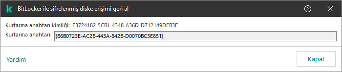 Şifreli sistem dışı sürücüsüne erişimi geri yüklemek için anahtarın bulunduğu bir pencere.