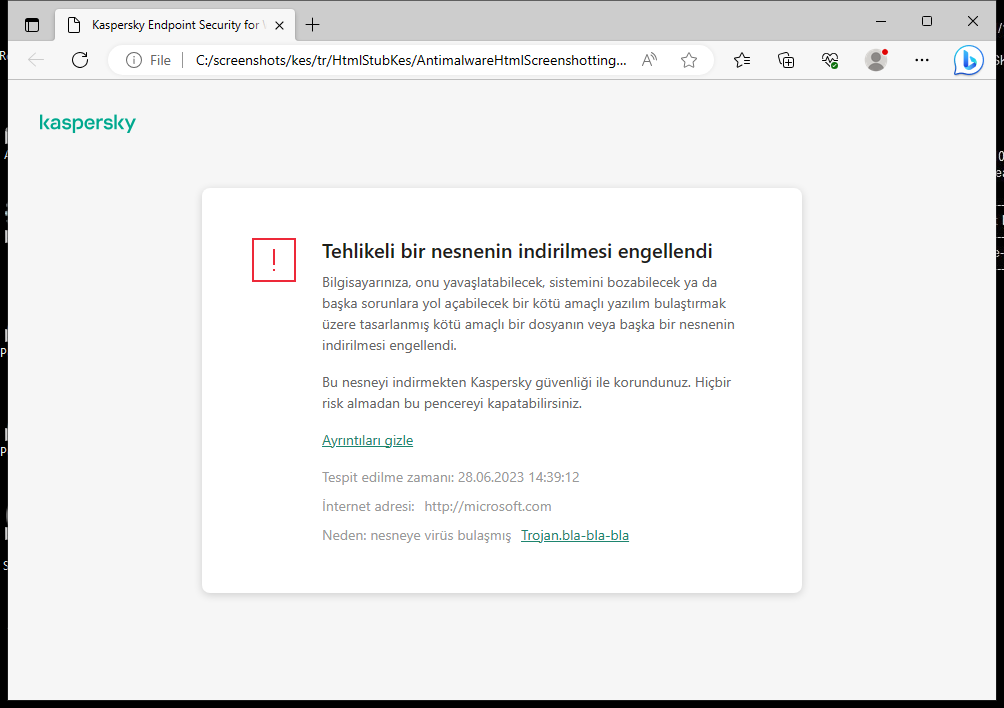 Kötü amaçlı nesnenin tarayıcı penceresine yüklenmesini önleme hakkında Kaspersky bildirimi.