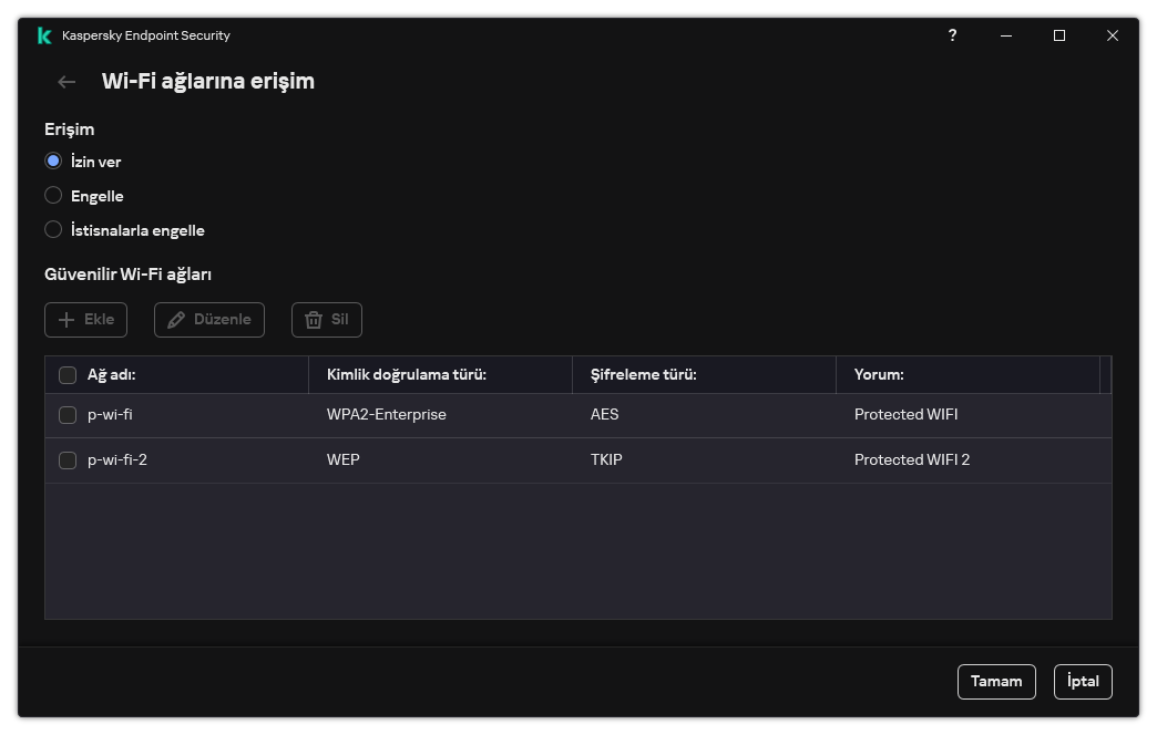 Wi-Fi ağlarının listesini içeren bir pencere. Kullanıcı tüm Wi-Fi ağlarına erişimi yapılandırabilir ve güvenilir Wi-Fi ağları ekleyebilir.