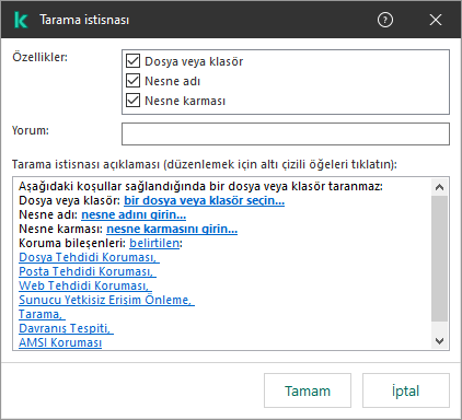 Hariç tutma seçim araçlarını içeren bir pencere. Kullanıcı dosya veya klasör seçebilir, bir nesne adı veya karma girebilir.