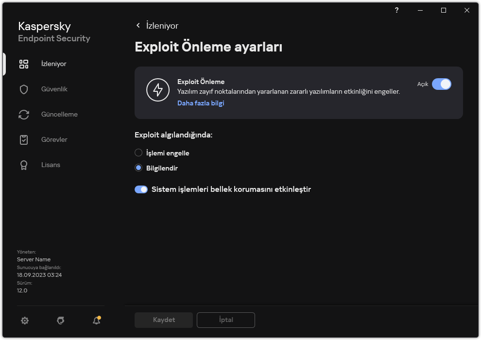 Exploit Önleme ayarları penceresi