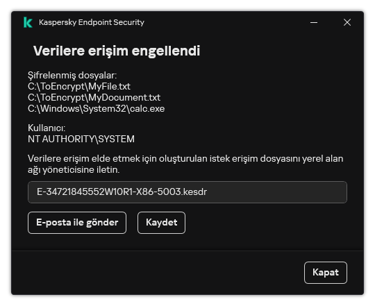 Şifrelenmiş verilere erişmek için istek dosyası içeren bir pencere. Kullanıcı, oluşturulan dosyayı diske kaydedebilir veya e-posta ile gönderebilir.