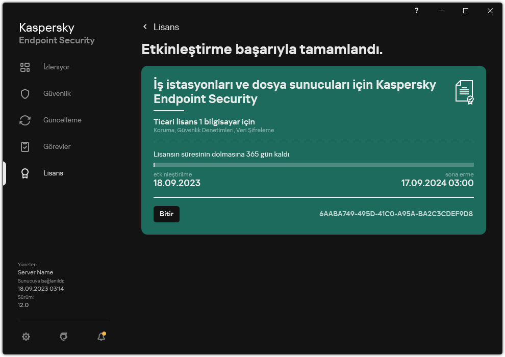 Pencere lisansla ilgili bilgileri içerir: sona erme tarihi, kullanılabilir işlevler ve diğer bilgiler.